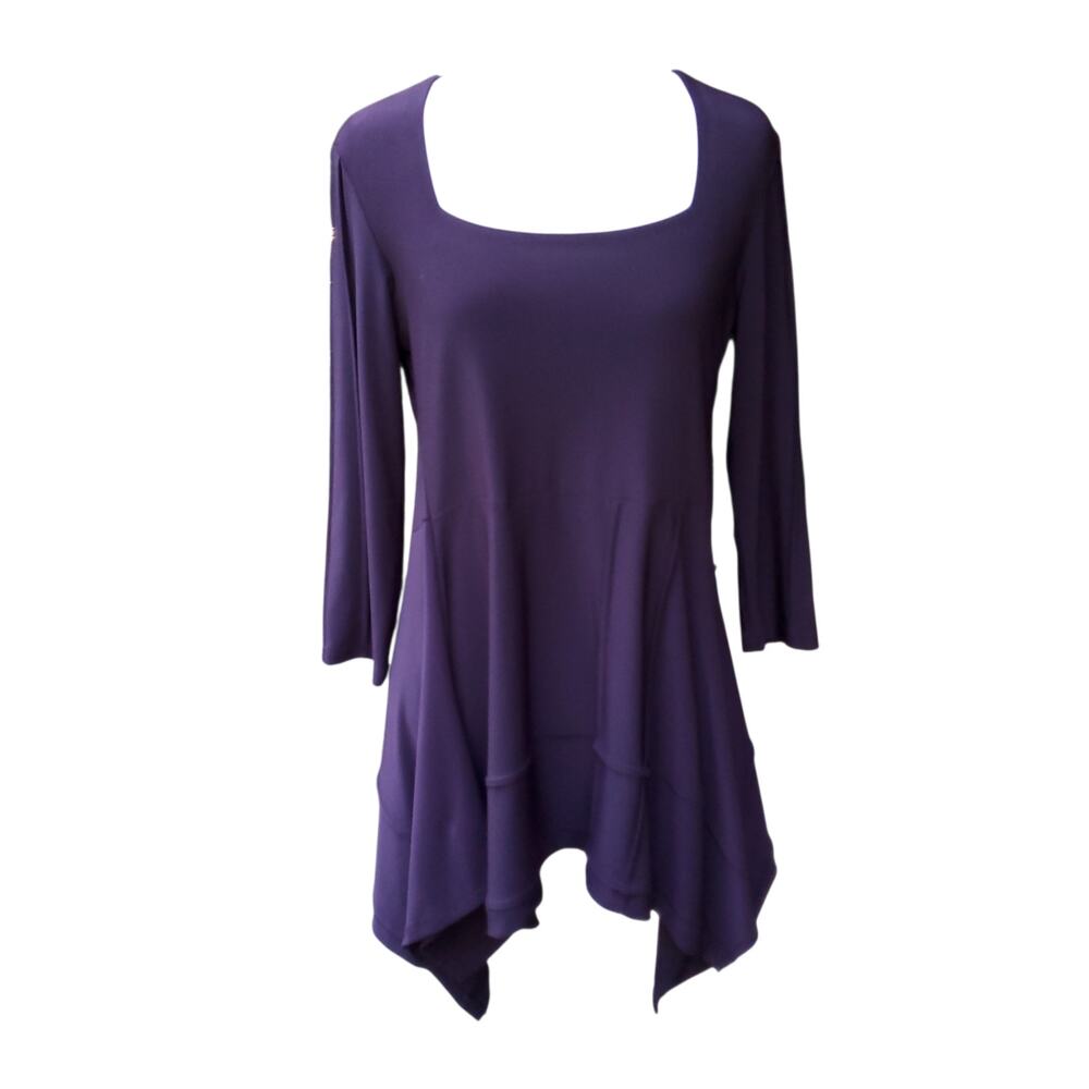 Sympli Grand Tunic Top Minimalist Purple Jersey Boat Neck Flowy Lagenlook Sz 8